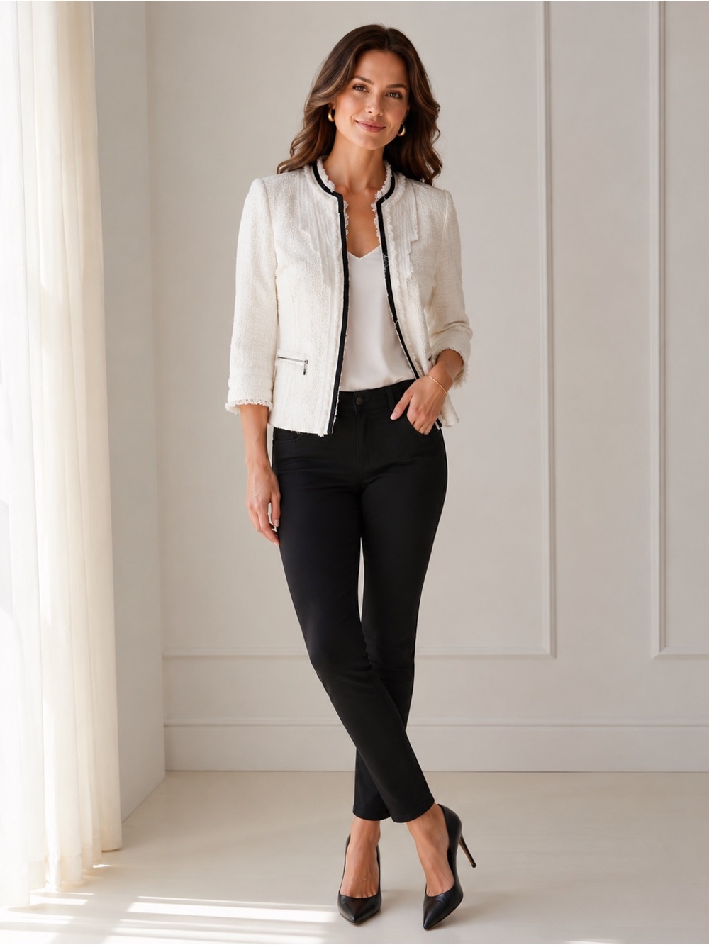 White House Black Market Tweed Blazer Size 2 Ivory Black Zip Front Jacket